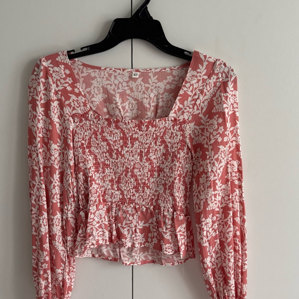 SHEIN Red and White Smocked 3/4 Sleeve Blouse